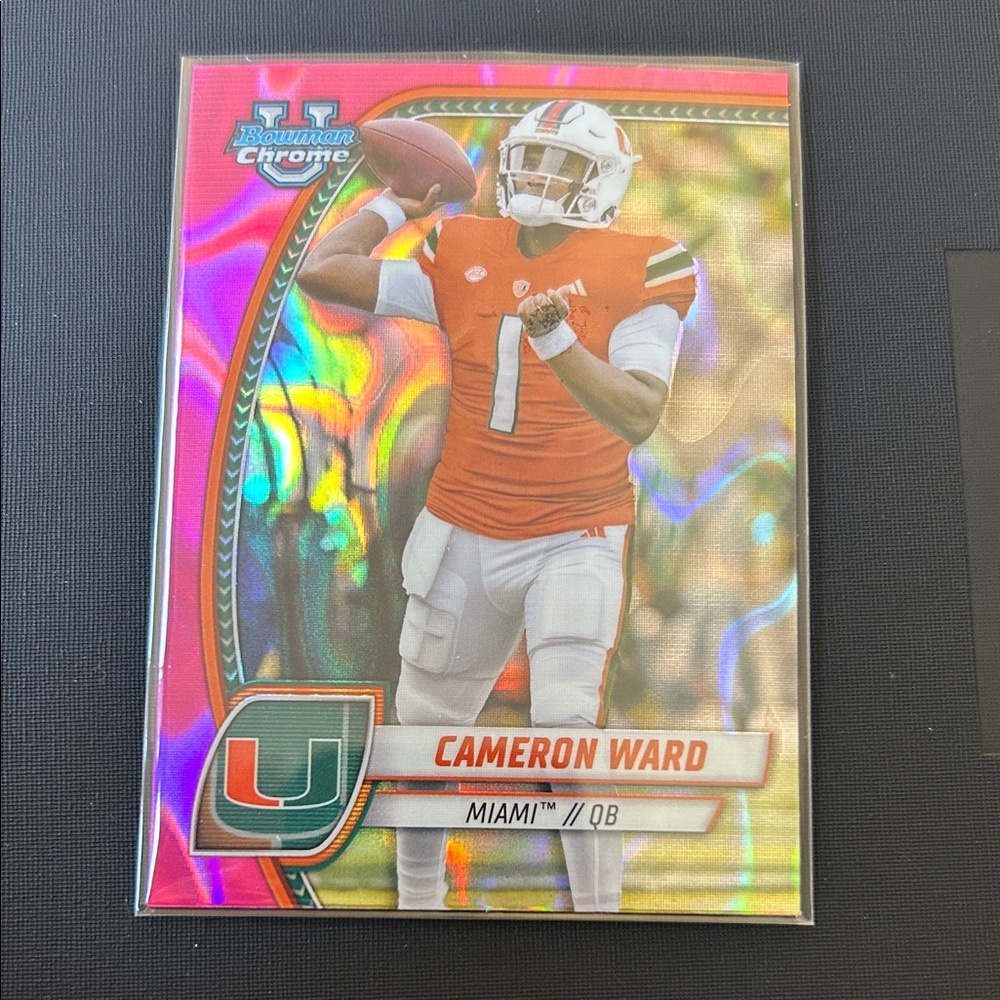 Topps Bowman Chrome Pink Holo Cameron Ward Miami Orange White Football Card